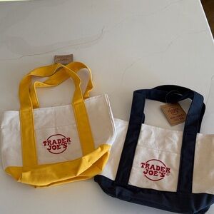 Two NWT Trader Joe's Mini Canvas Tote Bags with Colorful Handles